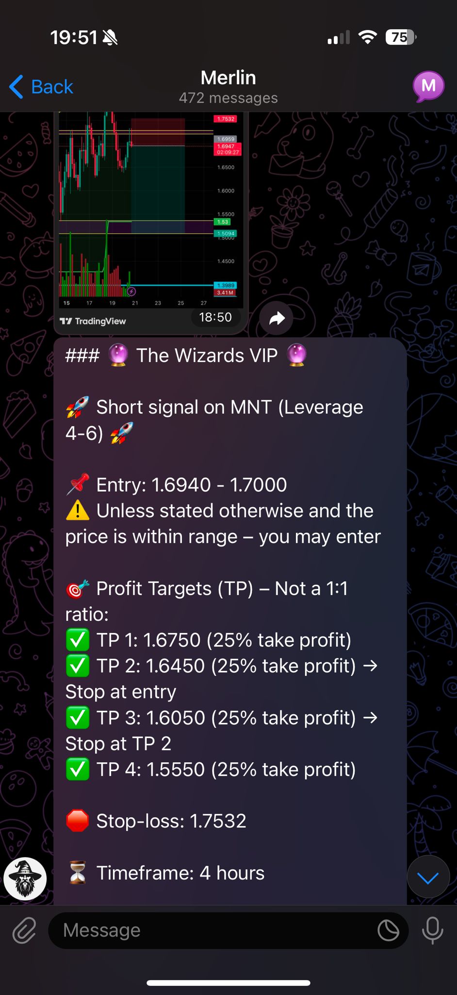 Example VIP signal with entry, take profits and stop loss
